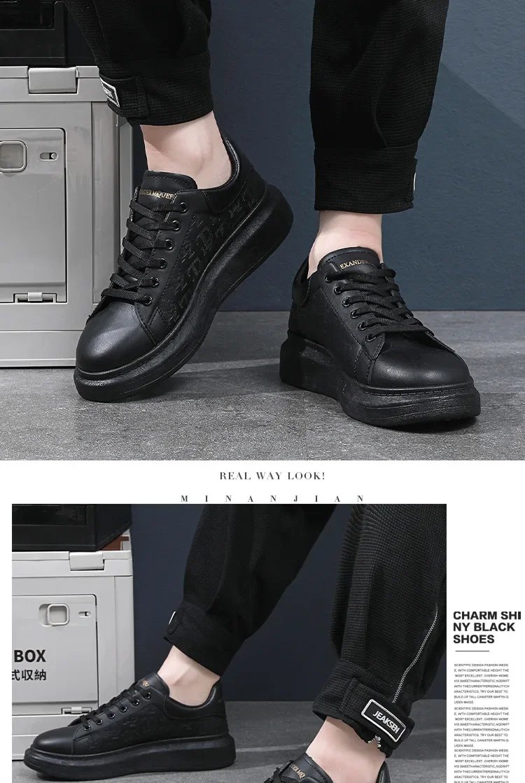 Men Small Black Shoes 2023 New Lace-up Thick Sole Casual Sneakers Versatile Leather Muffin Shoes Elevated Male Board Footwear