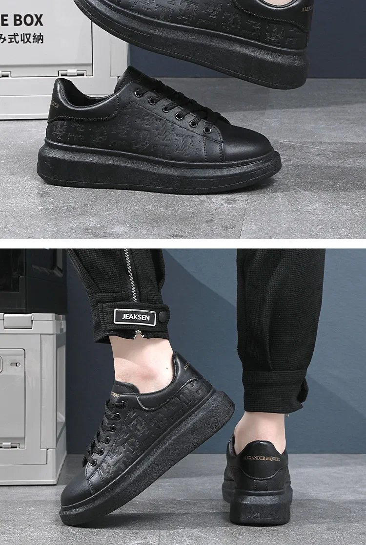 Men Small Black Shoes 2023 New Lace-up Thick Sole Casual Sneakers Versatile Leather Muffin Shoes Elevated Male Board Footwear
