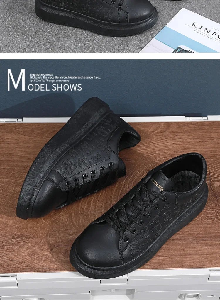 Men Small Black Shoes 2023 New Lace-up Thick Sole Casual Sneakers Versatile Leather Muffin Shoes Elevated Male Board Footwear