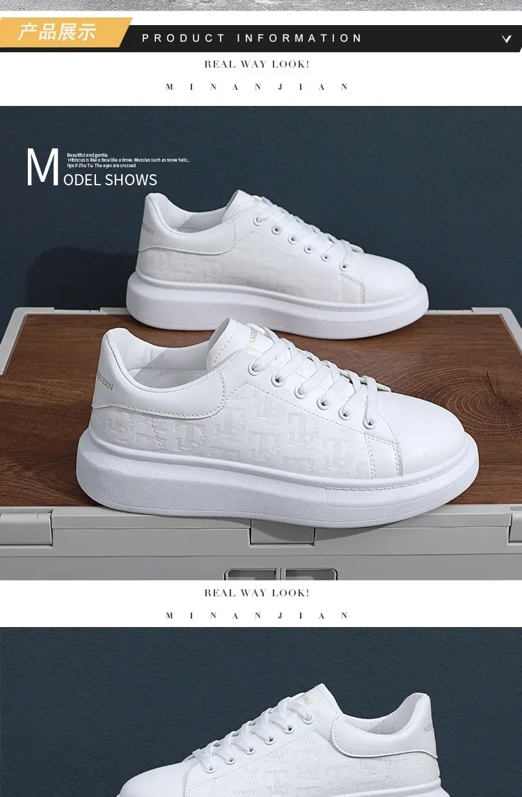 Men Small Black Shoes 2023 New Lace-up Thick Sole Casual Sneakers Versatile Leather Muffin Shoes Elevated Male Board Footwear