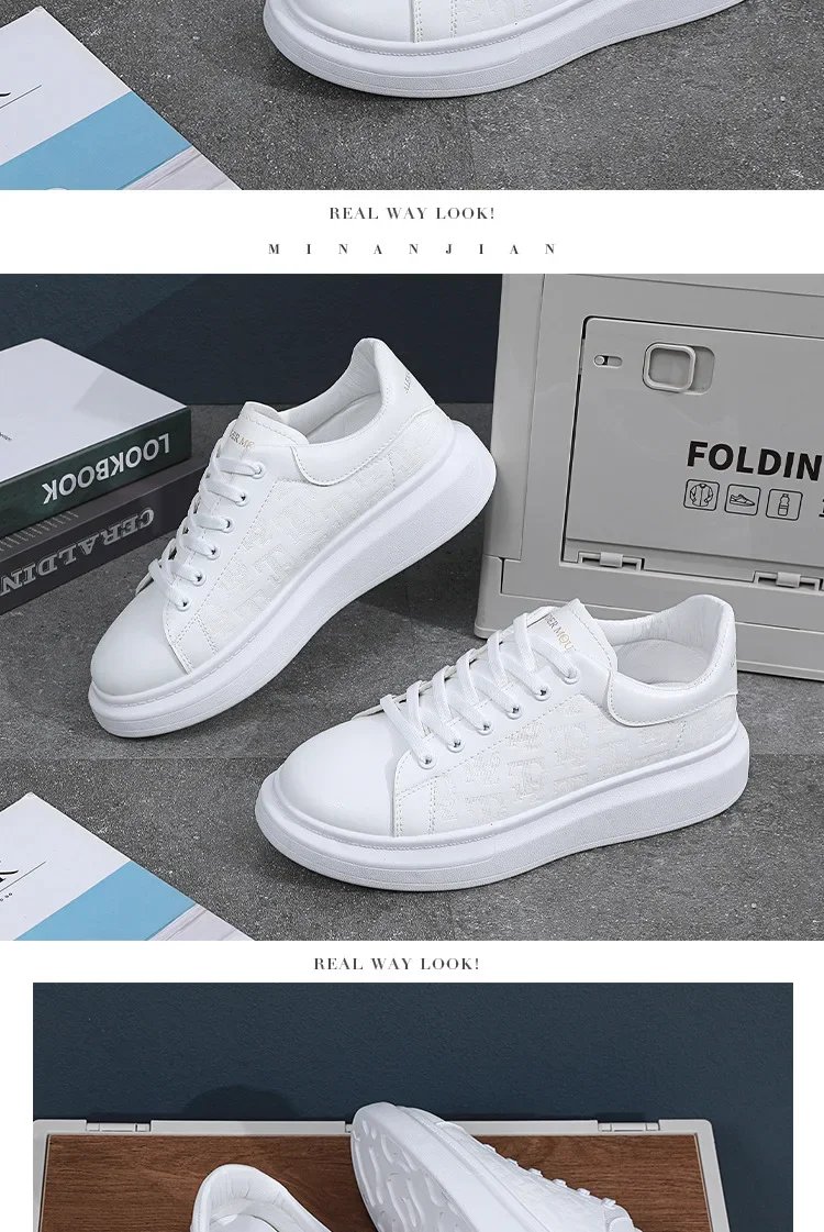 Men Small Black Shoes 2023 New Lace-up Thick Sole Casual Sneakers Versatile Leather Muffin Shoes Elevated Male Board Footwear