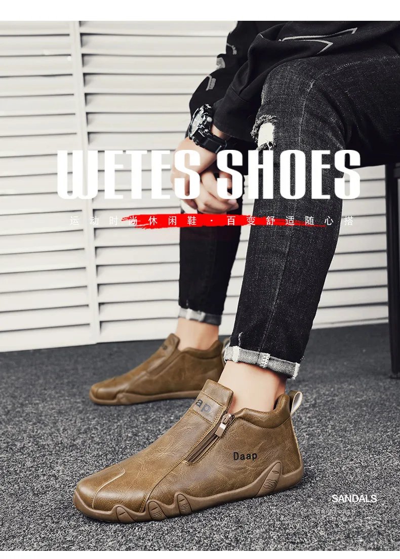 Men Leather Shoes Luxury Designer Slip on Loafers Ankle Casual Boots with Zipper Comfortable Formal Dress Flats Driving Moccasin