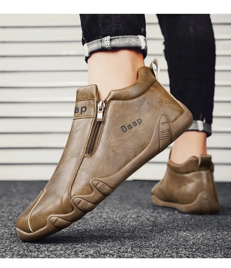 Men Leather Shoes Luxury Designer Slip on Loafers Ankle Casual Boots with Zipper Comfortable Formal Dress Flats Driving Moccasin