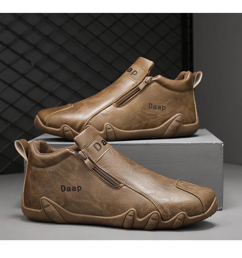 Men Leather Shoes Luxury Designer Slip on Loafers Ankle Casual Boots with Zipper Comfortable Formal Dress Flats Driving Moccasin