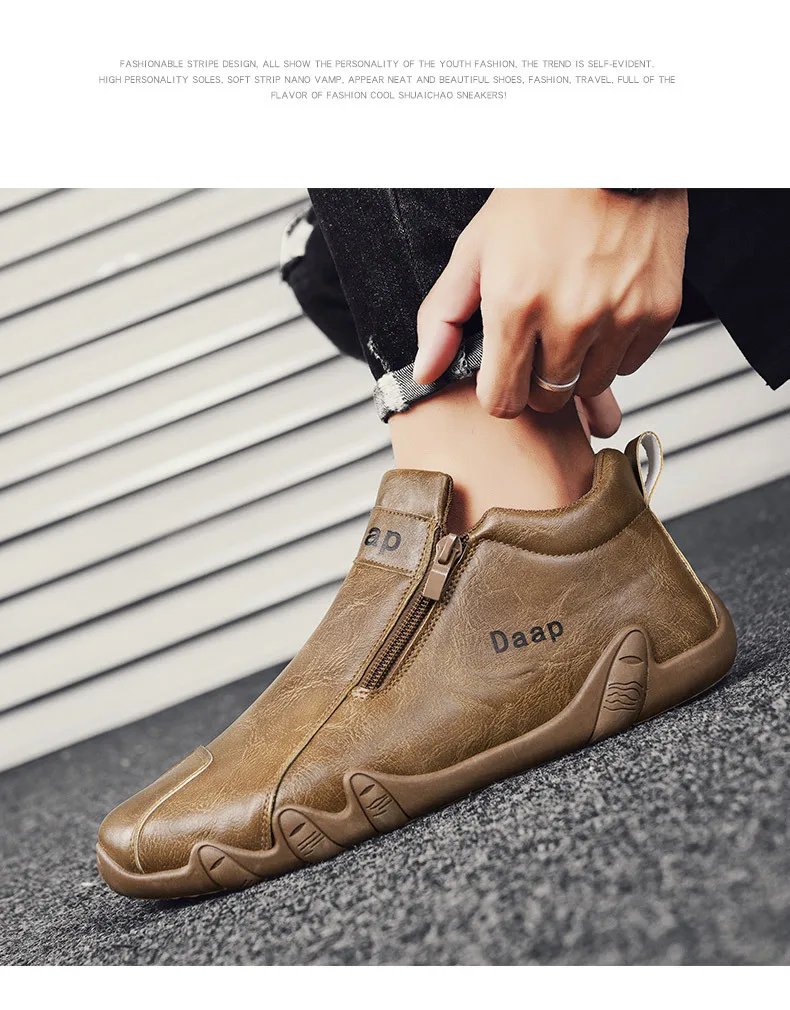 Men Leather Shoes Luxury Designer Slip on Loafers Ankle Casual Boots with Zipper Comfortable Formal Dress Flats Driving Moccasin