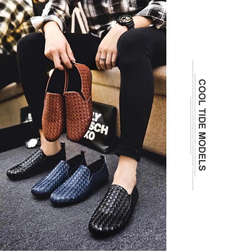 Men Trend Casual Shoes Fashion Light Men Leather Footwear Breathable Slip on Checkered Flat Bottom Driving Shoes Spring Summer