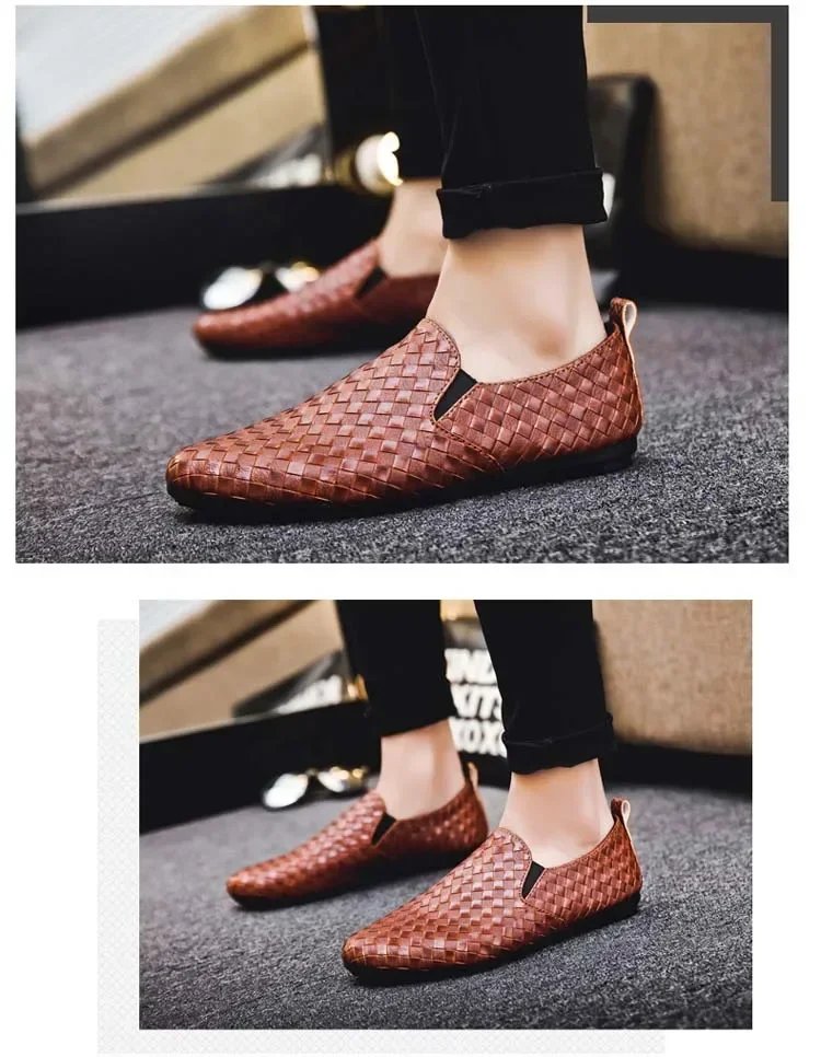 Men Trend Casual Shoes Fashion Light Men Leather Footwear Breathable Slip on Checkered Flat Bottom Driving Shoes Spring Summer