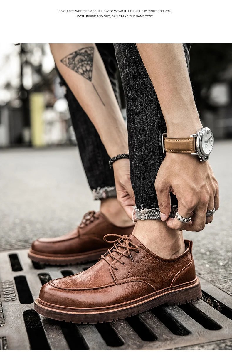 Autumn New Men Shoes Brogue Casual Shoes Men Genuine Leather Shoes Work Boots Business Casual Sneakers