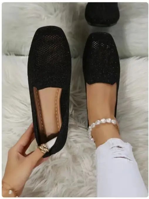 2024 Solid Color Square Toe Mesh Loafers Shallow Women Flats Shoes Soft Bottom Knit Ballet Flats Shoes Casual Slip on Boat Shoes