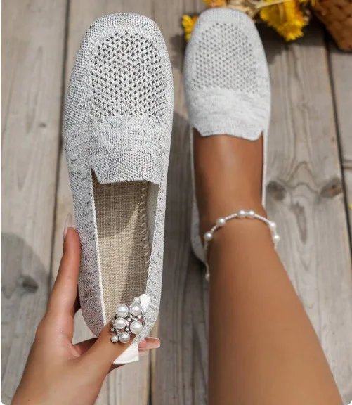 2024 Solid Color Square Toe Mesh Loafers Shallow Women Flats Shoes Soft Bottom Knit Ballet Flats Shoes Casual Slip on Boat Shoes