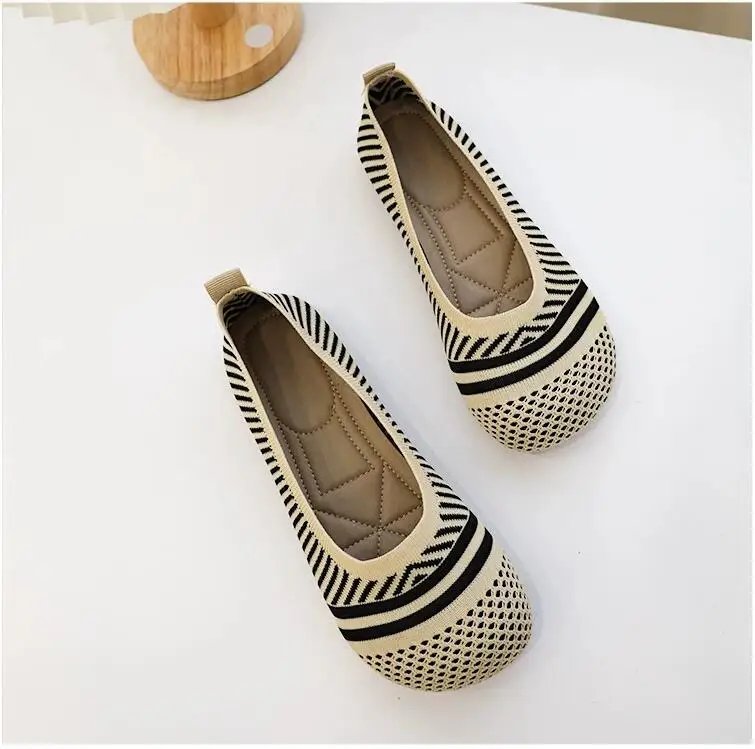Size 42 Striped Flats Women Loafers Spring Summer Casual Shoes Flat Heel Non-slip Sole Barefoot Shoes TPR Sneakers Square Toe