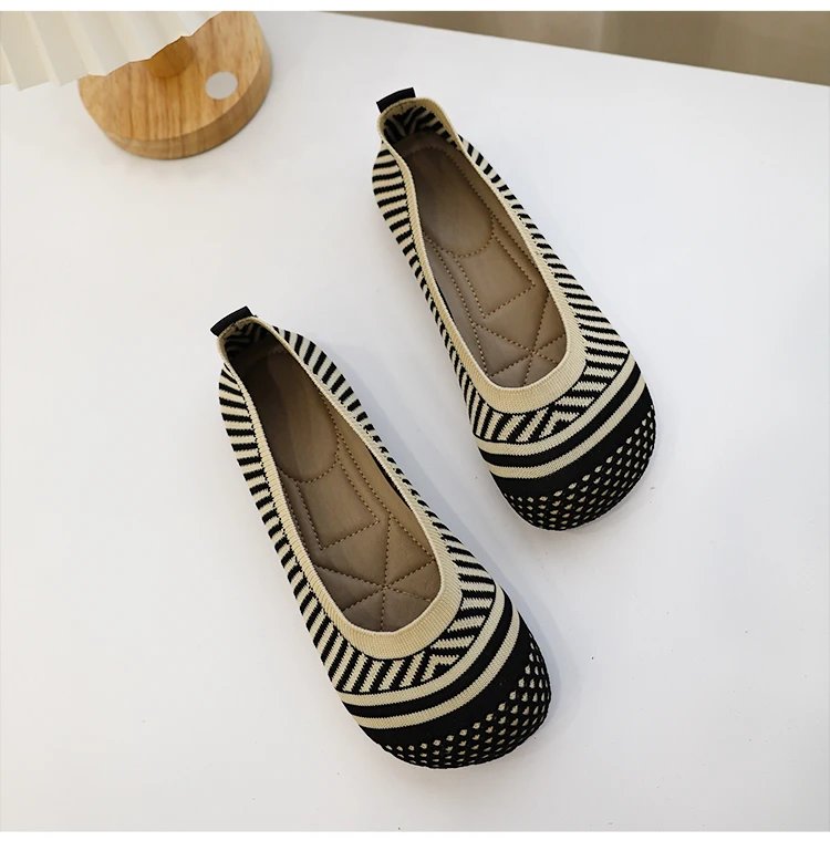 Size 42 Striped Flats Women Loafers Spring Summer Casual Shoes Flat Heel Non-slip Sole Barefoot Shoes TPR Sneakers Square Toe