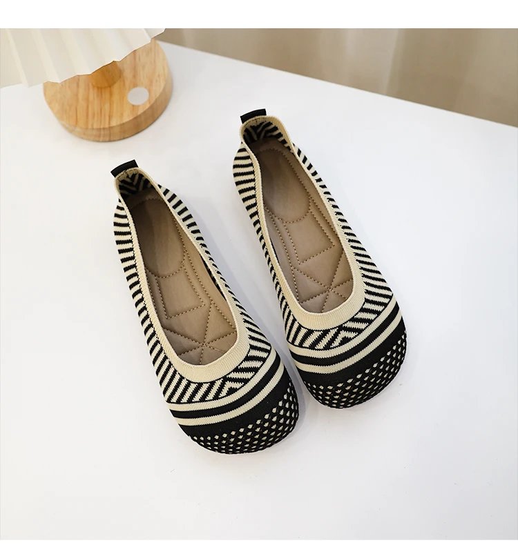 Size 42 Striped Flats Women Loafers Spring Summer Casual Shoes Flat Heel Non-slip Sole Barefoot Shoes TPR Sneakers Square Toe