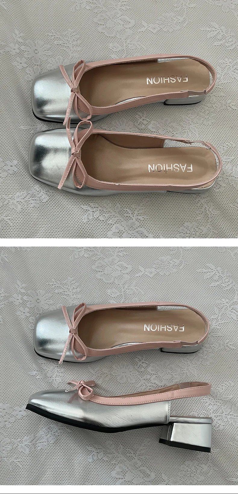 Women Low Heels  Sliver Boat Shoes Square Toe Slip on Flat Shoes for Woman Ballet Flats Comfortable Bow Women's sandals