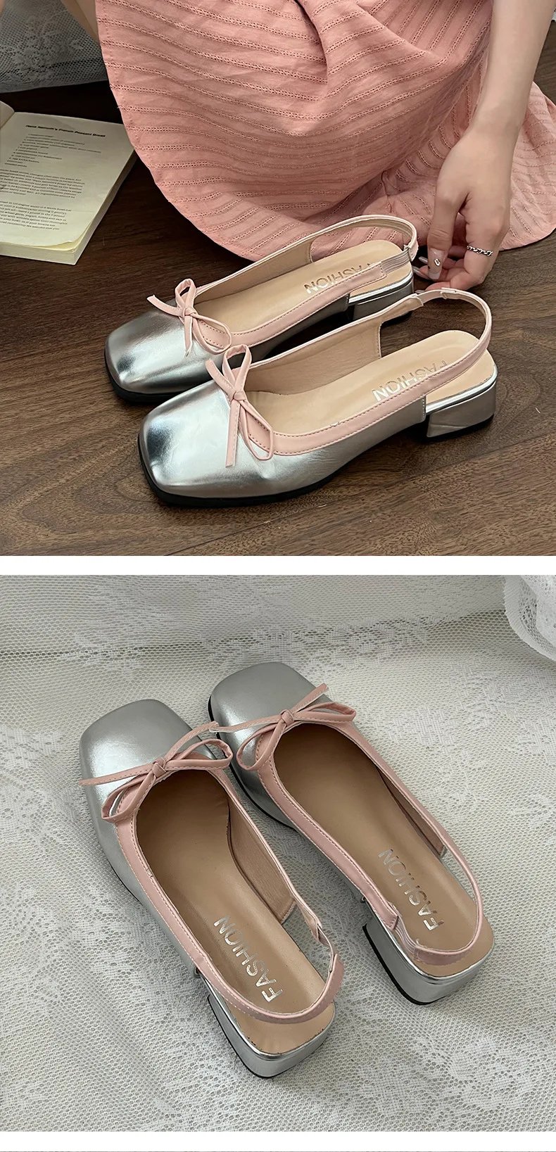 Women Low Heels  Sliver Boat Shoes Square Toe Slip on Flat Shoes for Woman Ballet Flats Comfortable Bow Women's sandals