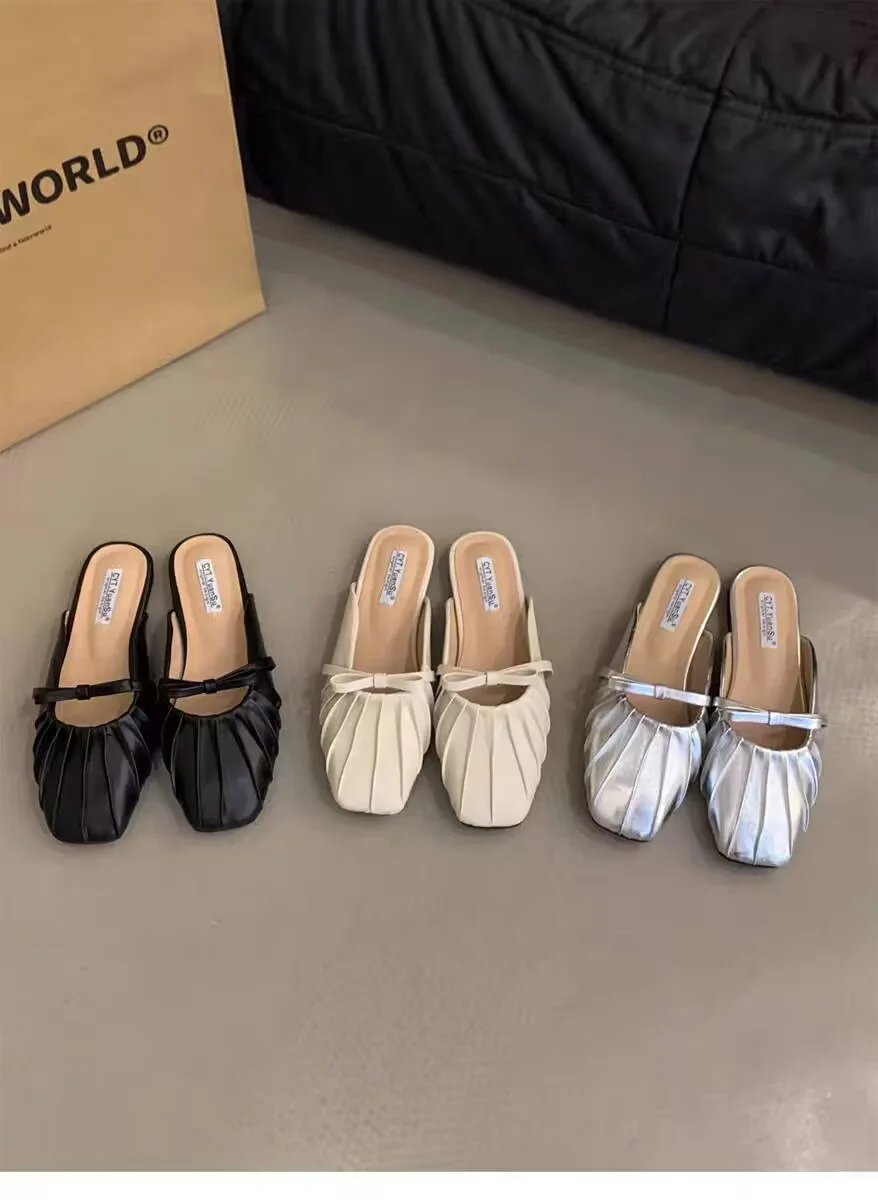 Women Low Heels  Sliver Boat Shoes Square Toe Slip on Flat Shoes for Woman Ballet Flats Comfortable Bow Women's sandals