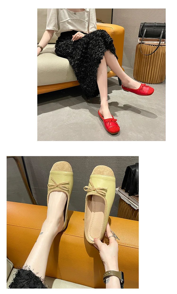 Women Low Heels  Sliver Boat Shoes Square Toe Slip on Flat Shoes for Woman Ballet Flats Comfortable Bow Women's sandals