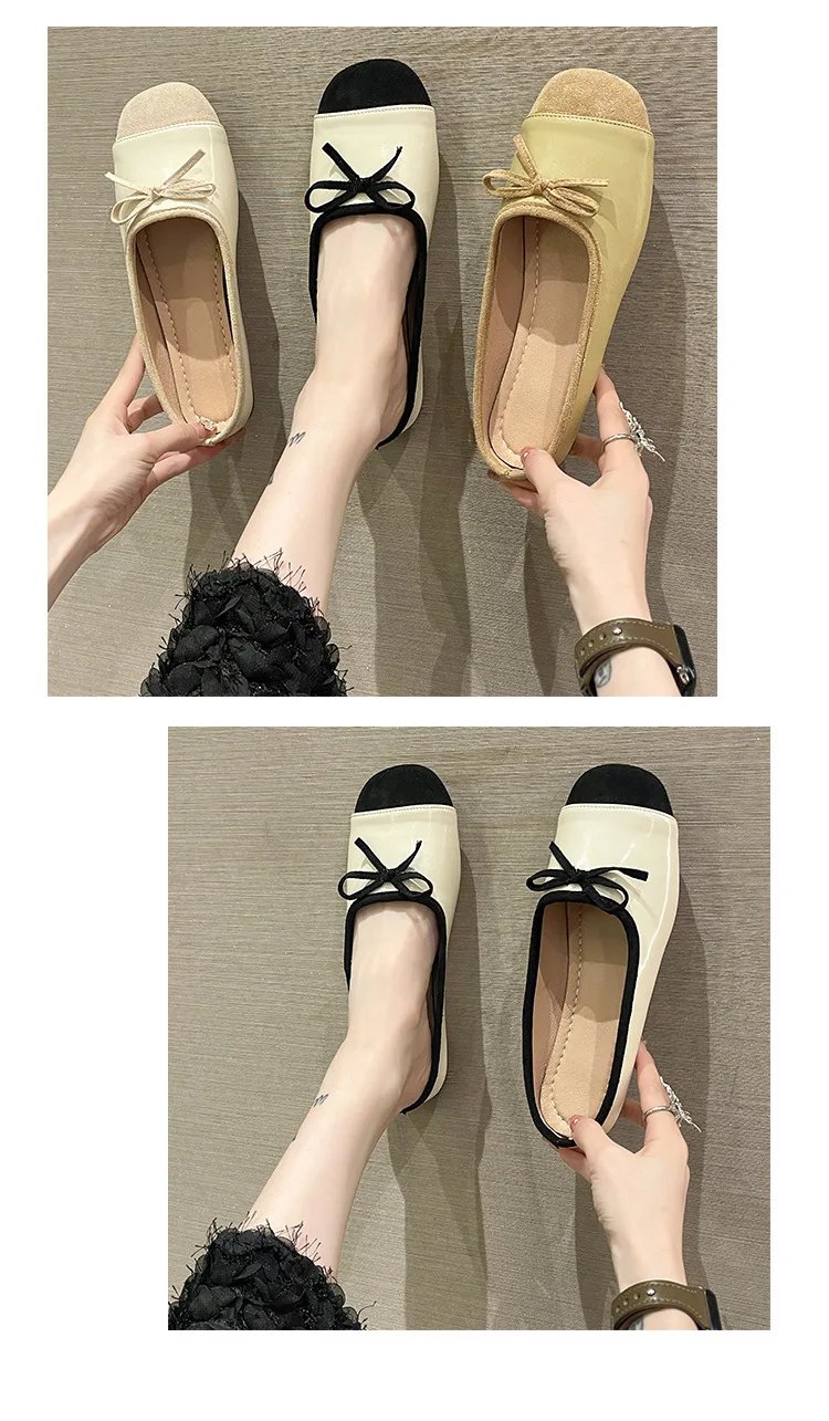 Women Low Heels  Sliver Boat Shoes Square Toe Slip on Flat Shoes for Woman Ballet Flats Comfortable Bow Women's sandals