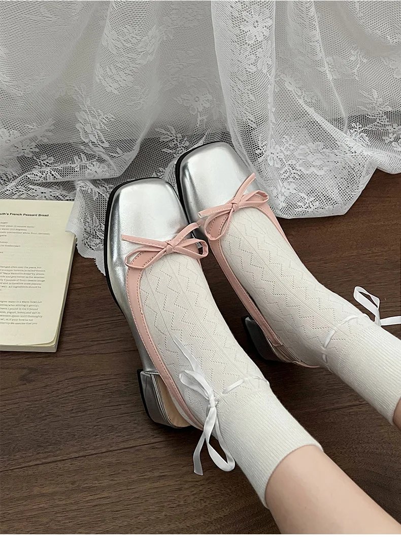 Women Low Heels  Sliver Boat Shoes Square Toe Slip on Flat Shoes for Woman Ballet Flats Comfortable Bow Women's sandals