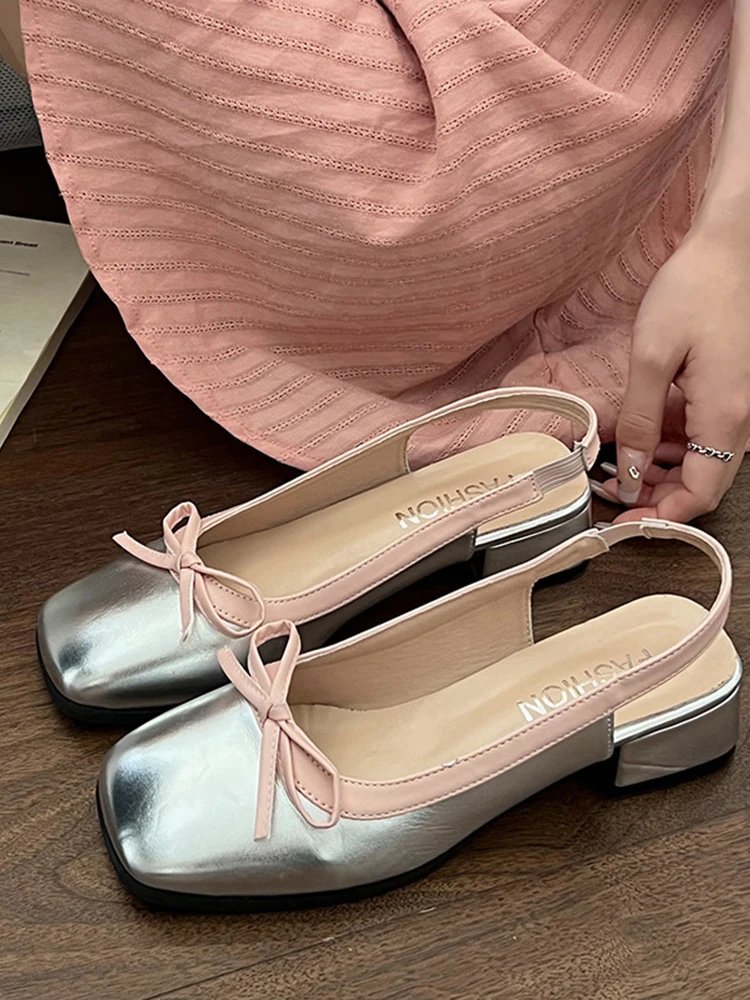 Women Low Heels  Sliver Boat Shoes Square Toe Slip on Flat Shoes for Woman Ballet Flats Comfortable Bow Women's sandals