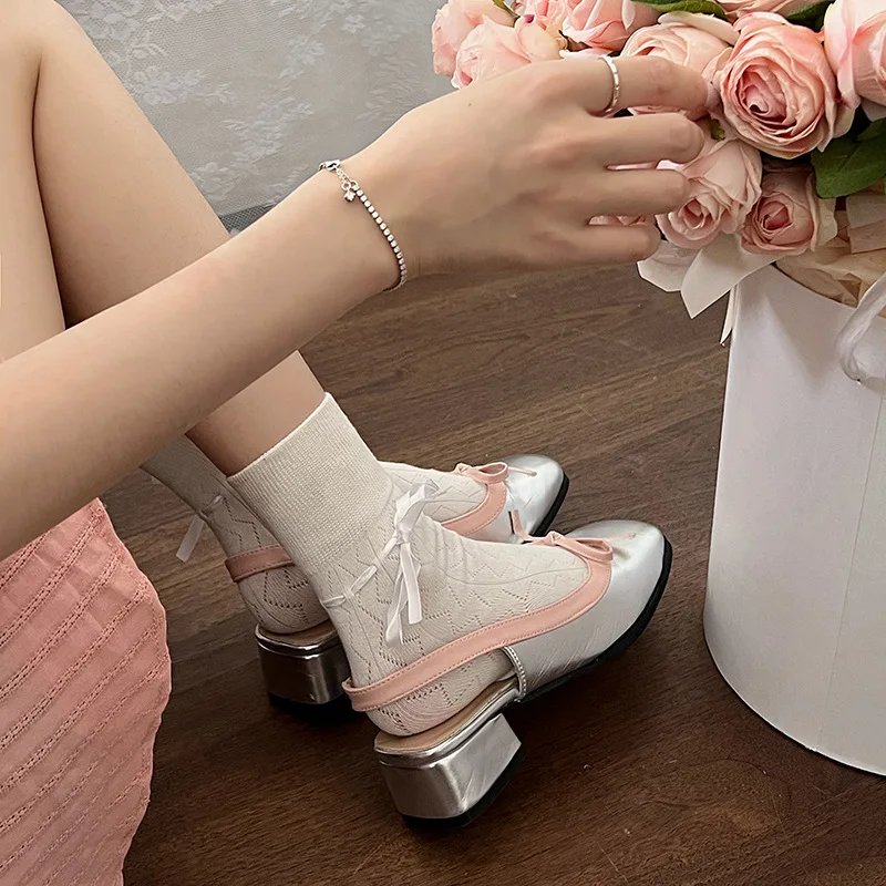 Women Low Heels  Sliver Boat Shoes Square Toe Slip on Flat Shoes for Woman Ballet Flats Comfortable Bow Women's sandals