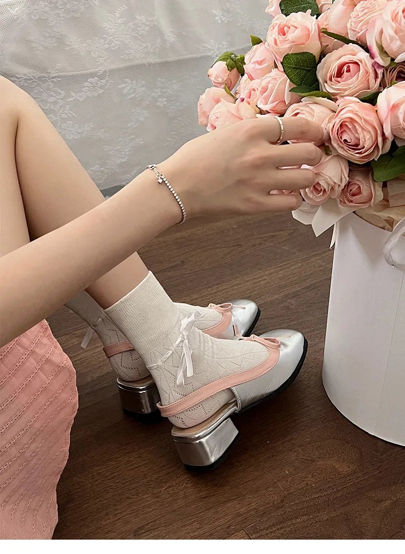 Women Low Heels  Sliver Boat Shoes Square Toe Slip on Flat Shoes for Woman Ballet Flats Comfortable Bow Women's sandals