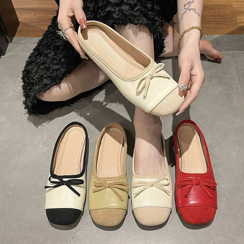 Women Low Heels  Sliver Boat Shoes Square Toe Slip on Flat Shoes for Woman Ballet Flats Comfortable Bow Women's sandals