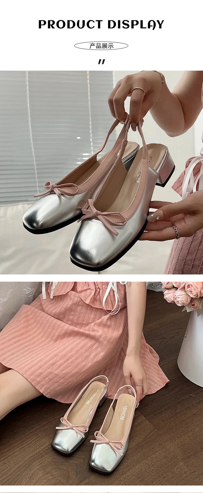 Women Low Heels  Sliver Boat Shoes Square Toe Slip on Flat Shoes for Woman Ballet Flats Comfortable Bow Women's sandals