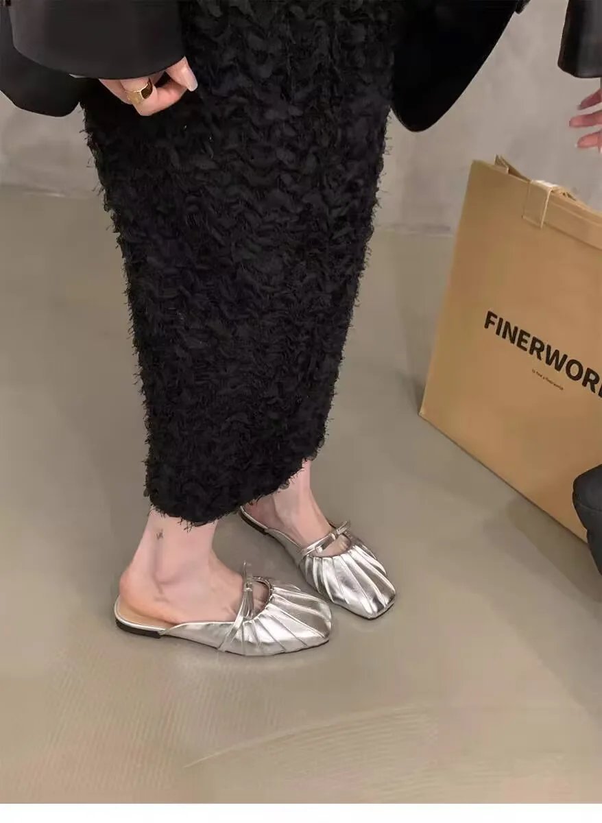 Women Low Heels  Sliver Boat Shoes Square Toe Slip on Flat Shoes for Woman Ballet Flats Comfortable Bow Women's sandals