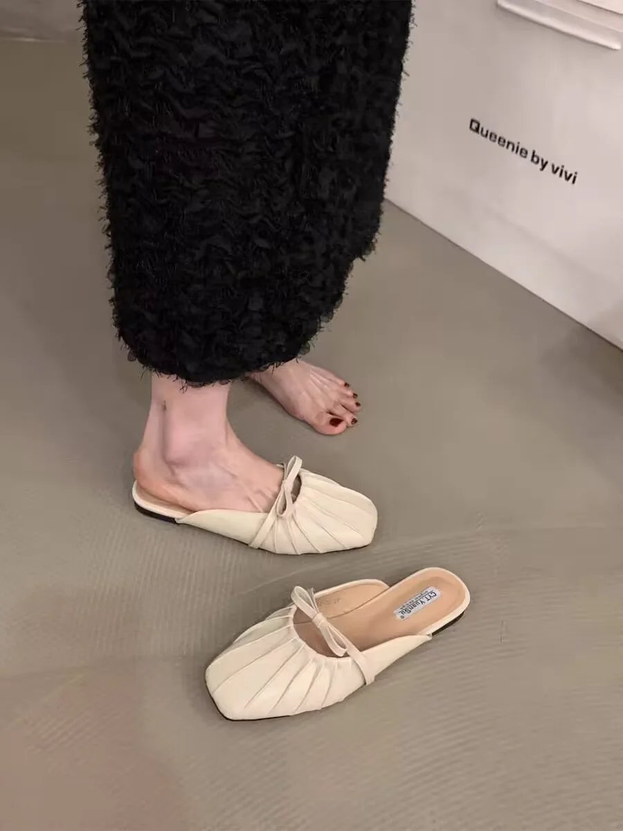Women Low Heels  Sliver Boat Shoes Square Toe Slip on Flat Shoes for Woman Ballet Flats Comfortable Bow Women's sandals