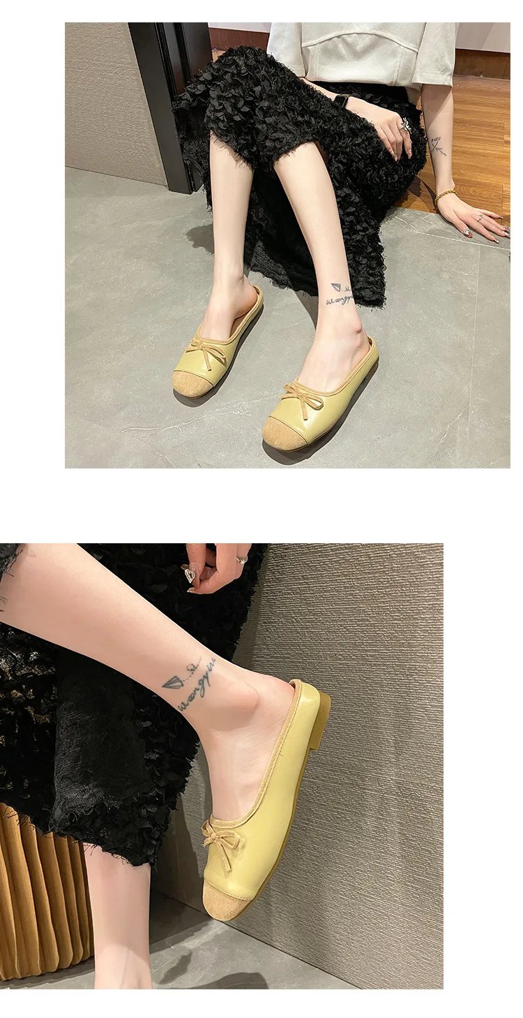 Women Low Heels  Sliver Boat Shoes Square Toe Slip on Flat Shoes for Woman Ballet Flats Comfortable Bow Women's sandals