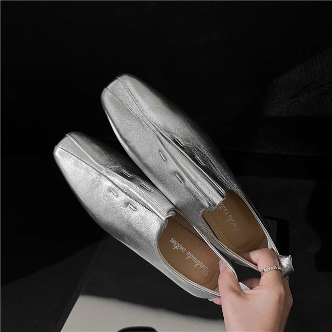 Women Flat Shoes Genuine Leather Sheepskin Comfort Flats Slip On Silver Beige Simple Shoes Spring Autumn Soft Loafers Square Toe