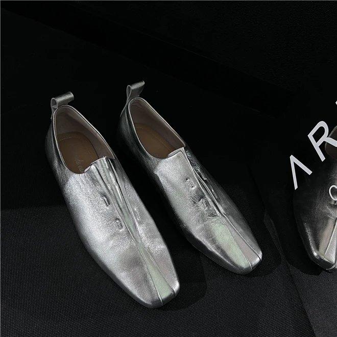 Women Flat Shoes Genuine Leather Sheepskin Comfort Flats Slip On Silver Beige Simple Shoes Spring Autumn Soft Loafers Square Toe