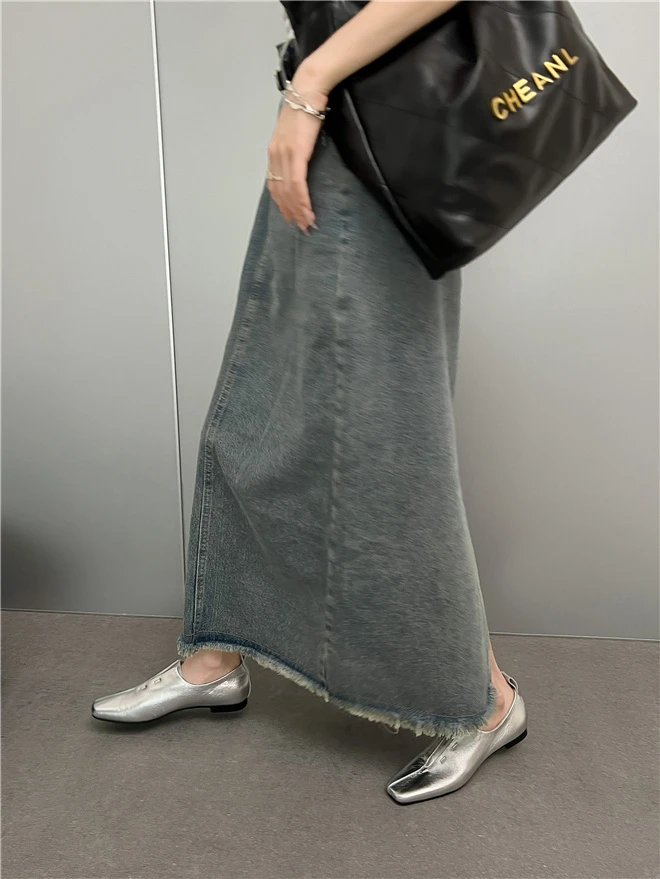 Women Flat Shoes Genuine Leather Sheepskin Comfort Flats Slip On Silver Beige Simple Shoes Spring Autumn Soft Loafers Square Toe