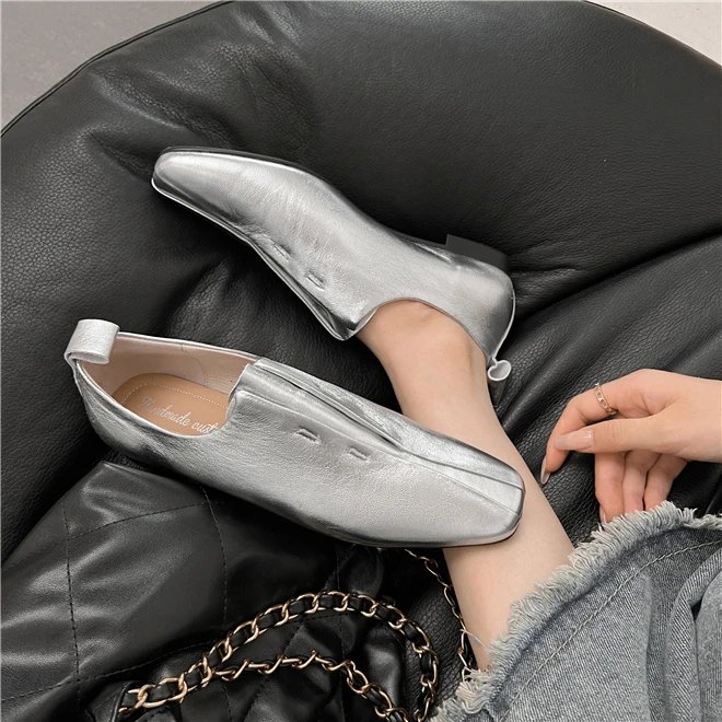 Women Flat Shoes Genuine Leather Sheepskin Comfort Flats Slip On Silver Beige Simple Shoes Spring Autumn Soft Loafers Square Toe