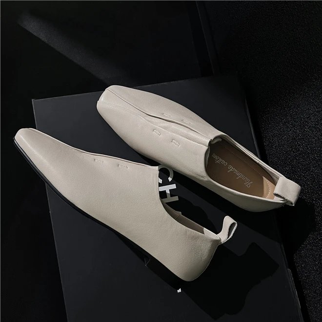 Women Flat Shoes Genuine Leather Sheepskin Comfort Flats Slip On Silver Beige Simple Shoes Spring Autumn Soft Loafers Square Toe