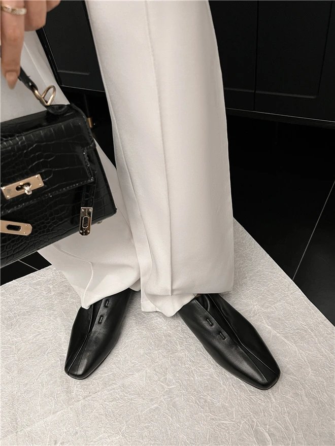 Women Flat Shoes Genuine Leather Sheepskin Comfort Flats Slip On Silver Beige Simple Shoes Spring Autumn Soft Loafers Square Toe