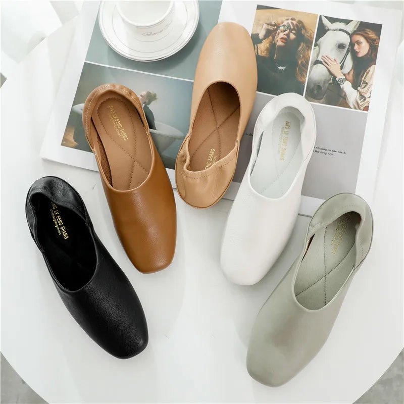 Ladies Flats new ballerinas soft leather moccasins slip on retro grandma shoes spring summer driving shoes woman mules slippers