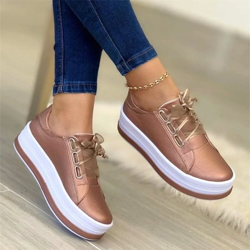 New 2024Sports Shoes Women Vulcanized ShoesOutdoor Platform Casual Shoes Female Leather FashionSneakers Woman Wedge Flats