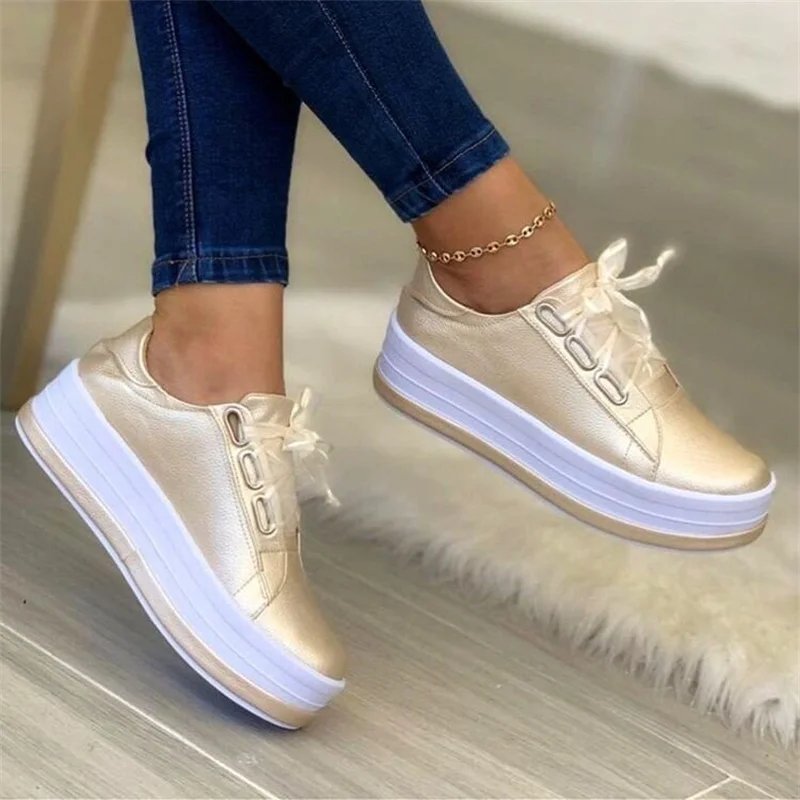 New 2024Sports Shoes Women Vulcanized ShoesOutdoor Platform Casual Shoes Female Leather FashionSneakers Woman Wedge Flats