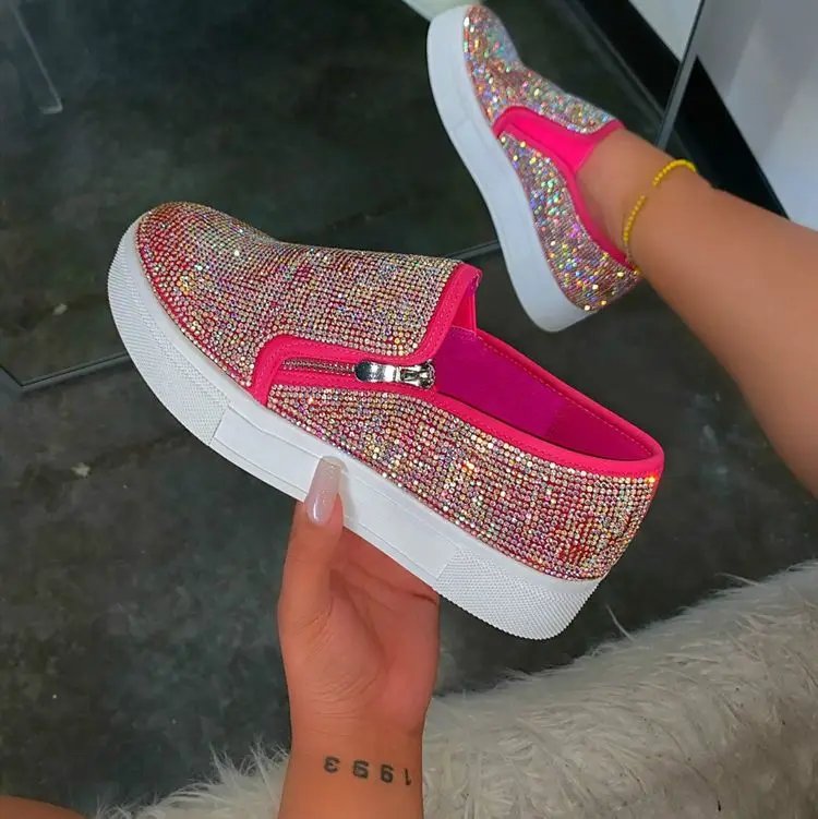 Women Flat Casual Single Shoes Fashion 2023 Rhinestone Bling Sewing Platform Loafer Luxury Shoes Casual Comfortable Female Shoes