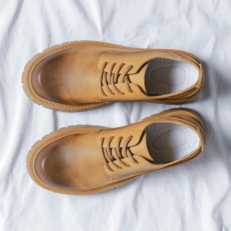 Men Korea Leather Platform Oxfords Slip On Thick Tottom For Male Derby Shoes Casual Loafers Mens Square Toe Formal Dress Shoes