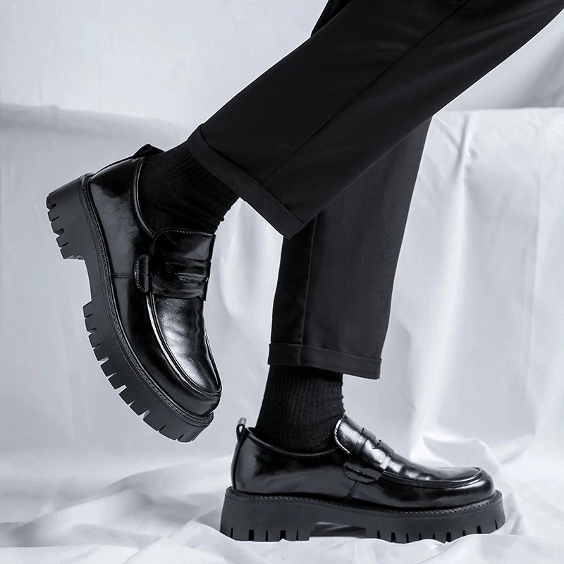 Men Korea Leather Platform Oxfords Slip On Thick Tottom For Male Derby Shoes Casual Loafers Mens Square Toe Formal Dress Shoes