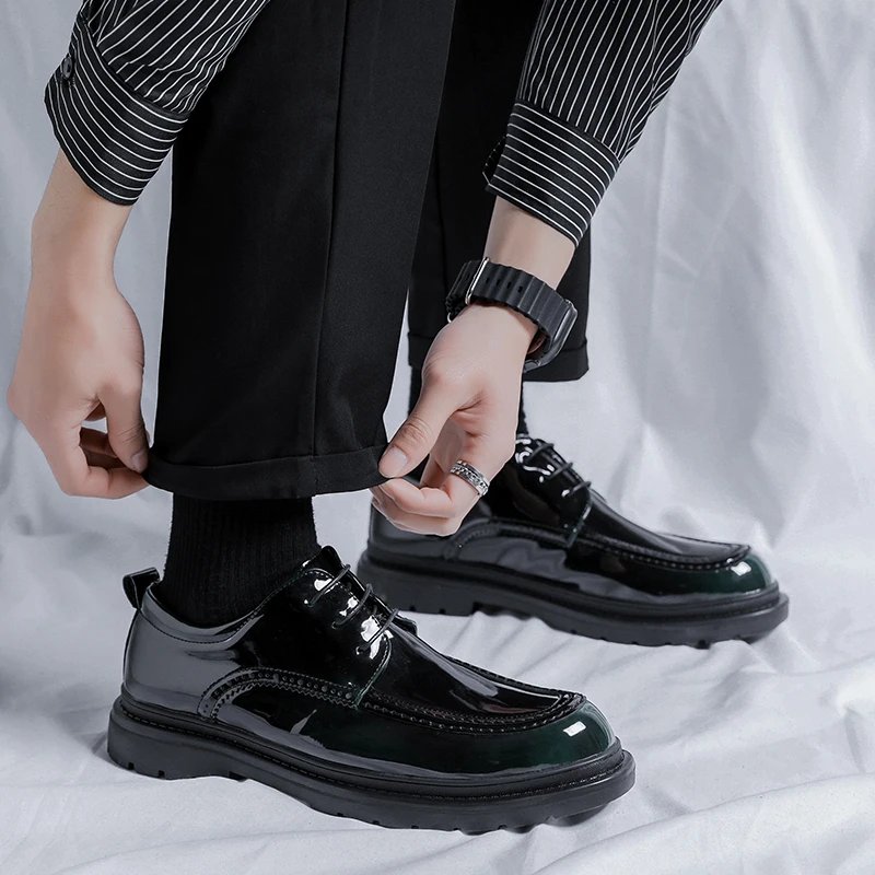 Men Korea Leather Platform Oxfords Slip On Thick Tottom For Male Derby Shoes Casual Loafers Mens Square Toe Formal Dress Shoes