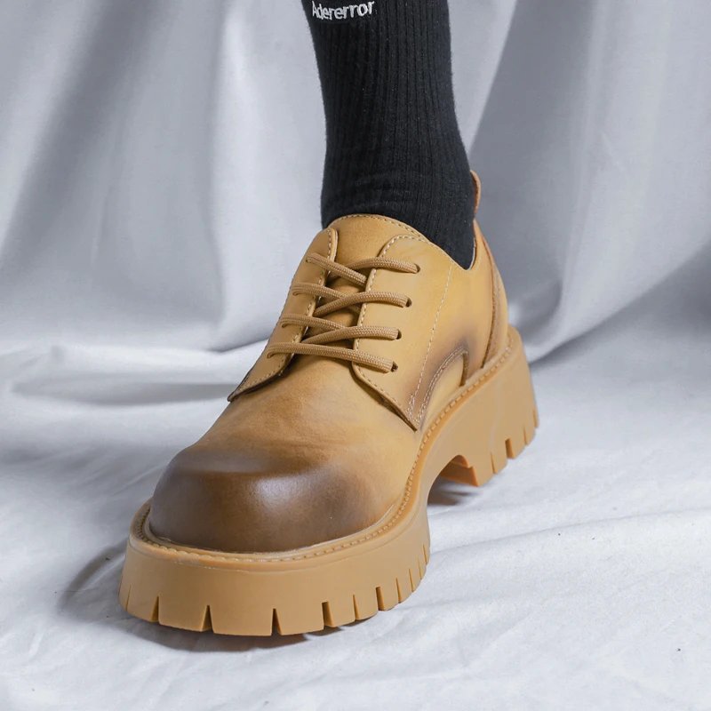 Men Korea Leather Platform Oxfords Slip On Thick Tottom For Male Derby Shoes Casual Loafers Mens Square Toe Formal Dress Shoes