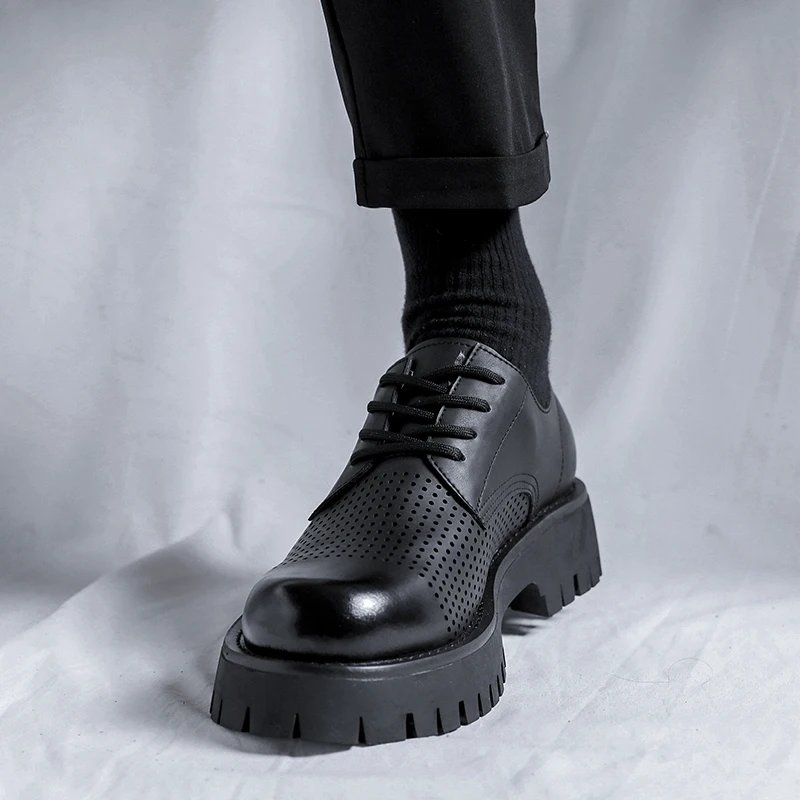 Men Korea Leather Platform Oxfords Slip On Thick Tottom For Male Derby Shoes Casual Loafers Mens Square Toe Formal Dress Shoes