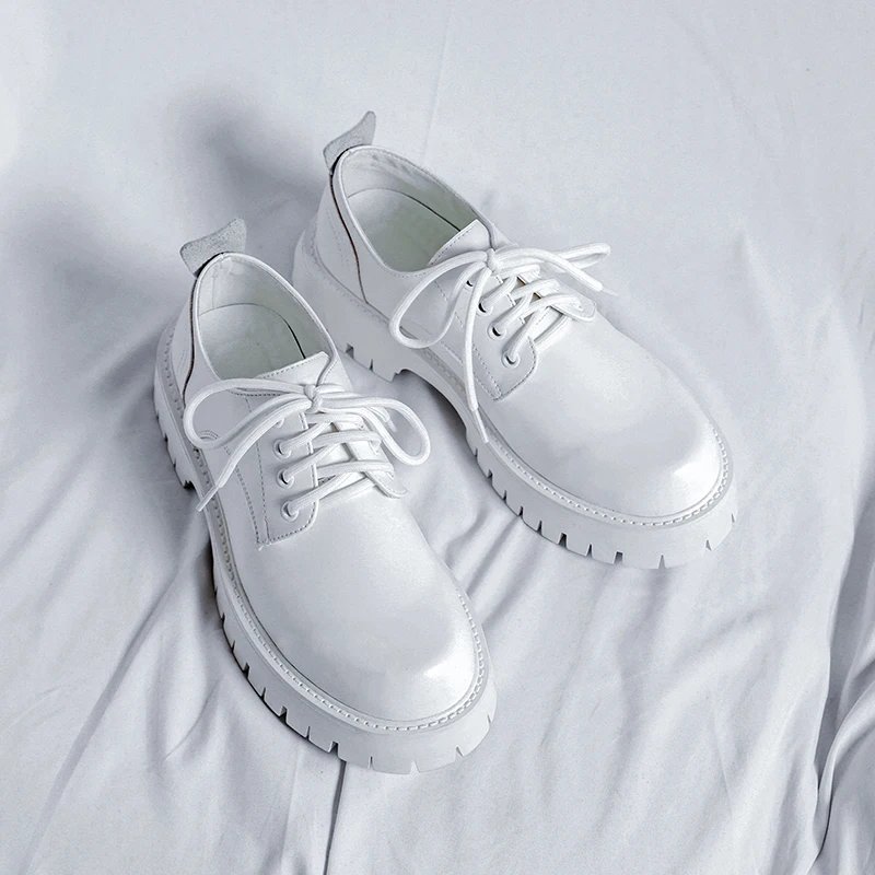 Men Korea Leather Platform Oxfords Slip On Thick Tottom For Male Derby Shoes Casual Loafers Mens Square Toe Formal Dress Shoes