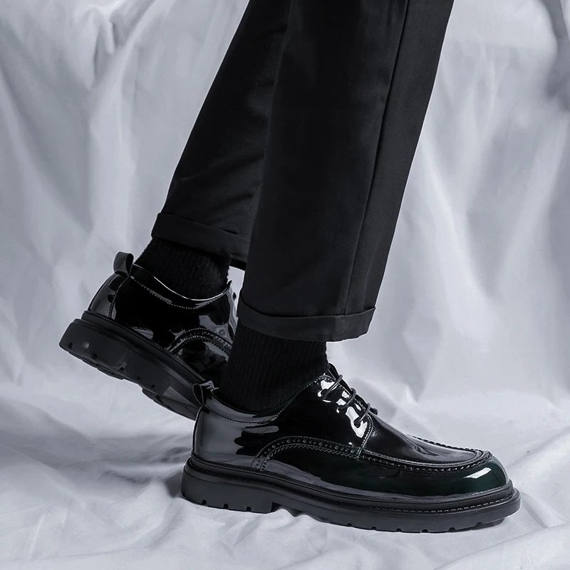 Men Korea Leather Platform Oxfords Slip On Thick Tottom For Male Derby Shoes Casual Loafers Mens Square Toe Formal Dress Shoes