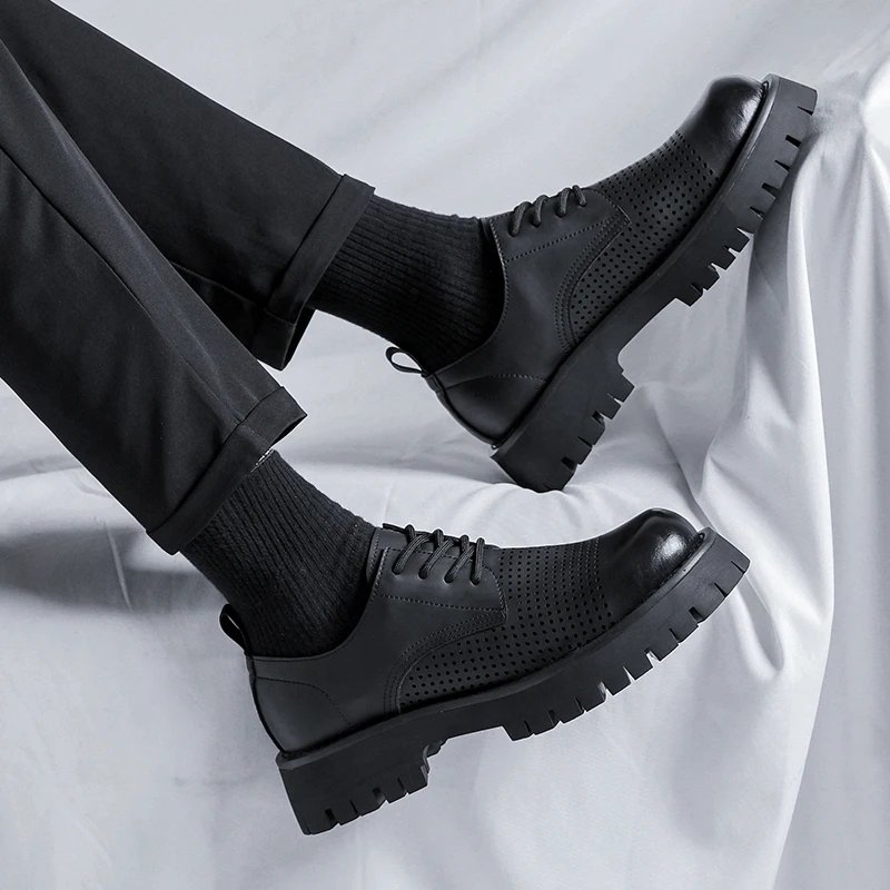 Men Korea Leather Platform Oxfords Slip On Thick Tottom For Male Derby Shoes Casual Loafers Mens Square Toe Formal Dress Shoes