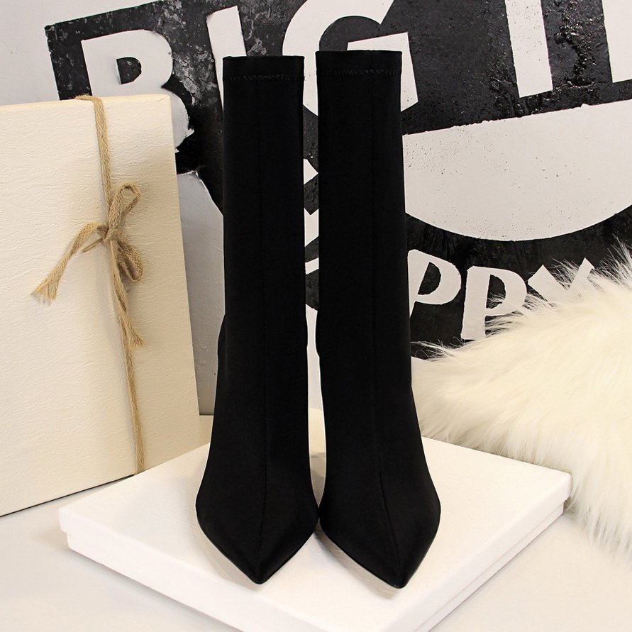 Women 7.5cm 10cm High Heels Silk Sock Boots Green Low Heels Short Ankle Boots Lady Stripper Winter Pointed Toe Satin Sexy Shoes